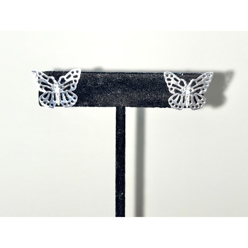 Silver Tone Filigree Butterfly Earrings - Picture 2 of 5